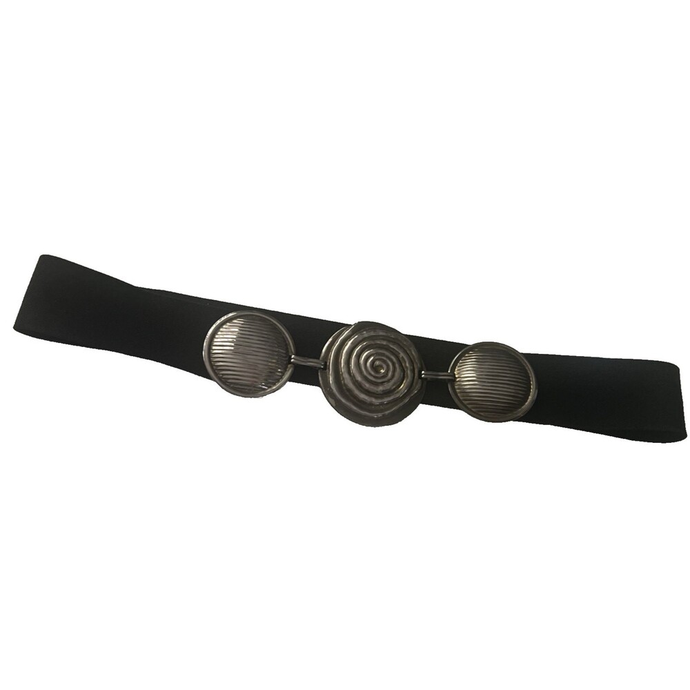 Vintage Silver Tone Statement Black Stretch Belt Women Medallions Buckle 80s 90s